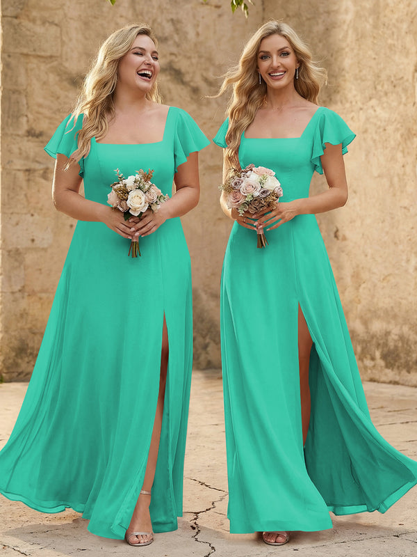 Chiffon Square Neck Corset Bridesmaid Dresses with Slit