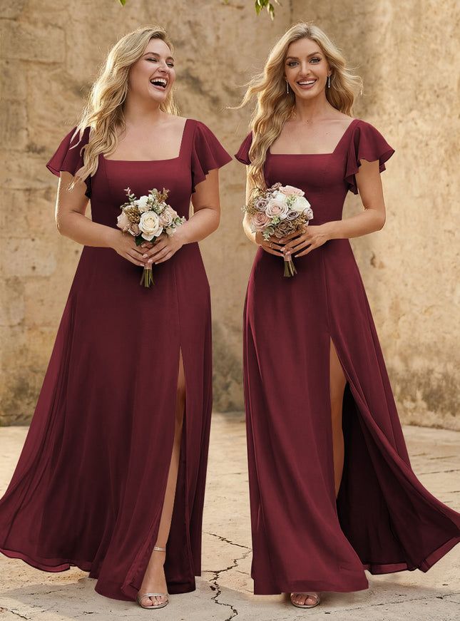 Chiffon Square Neck Corset Bridesmaid Dresses with Slit