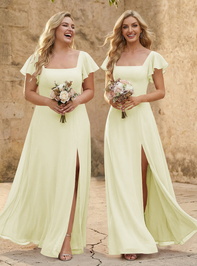 Chiffon Square Neck Corset Bridesmaid Dresses with Slit