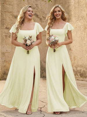 Chiffon Square Neck Corset Bridesmaid Dresses with Slit