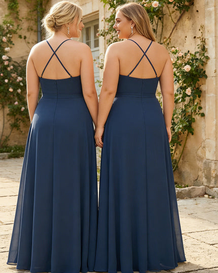 Spaghetti Straps Cowl Neck Chiffon Bridesmaid Dresses with Slit
