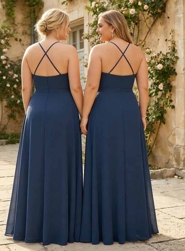 Spaghetti Straps Cowl Neck Chiffon Bridesmaid Dresses with Slit