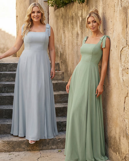 Chiffon Bow Square Neck Corset Bridesmaid Dresses