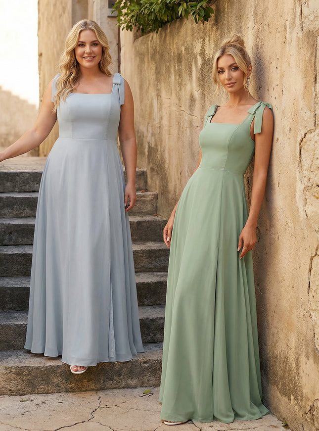 Chiffon Bow Square Neck Corset Bridesmaid Dresses