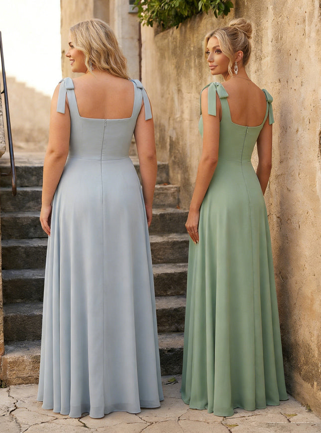 Chiffon Bow Square Neck Corset Bridesmaid Dresses