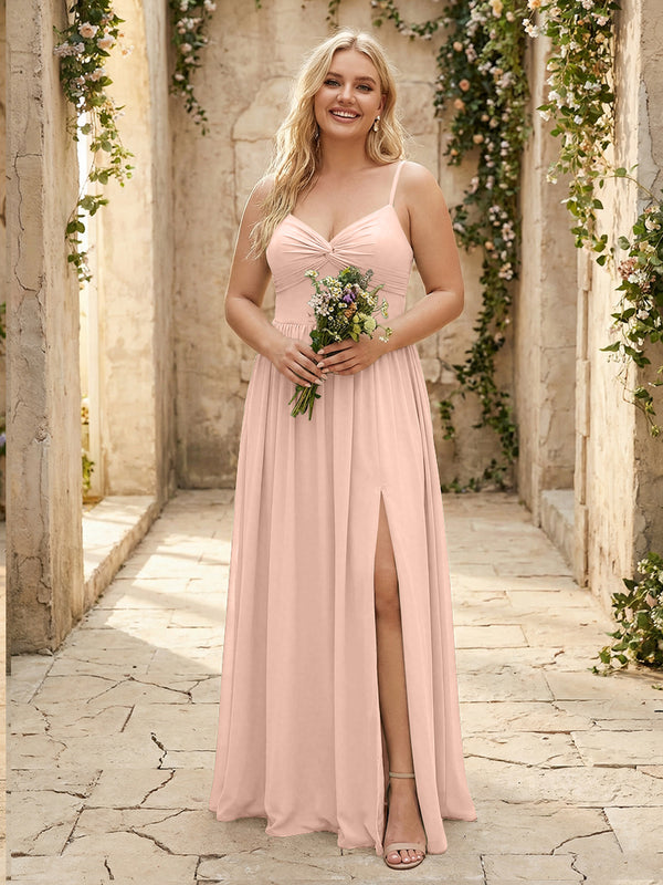 Spaghetti Straps Chiffon Sweetheart Bridesmaid Dresses with Slit