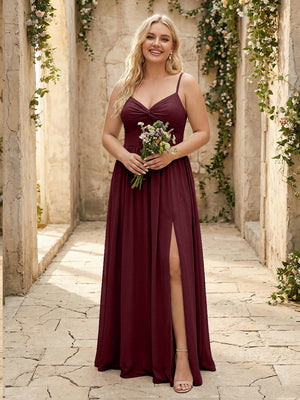Spaghetti Straps Chiffon Sweetheart Bridesmaid Dresses with Slit