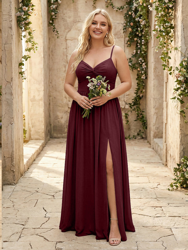 Spaghetti Straps Chiffon Sweetheart Bridesmaid Dresses with Slit