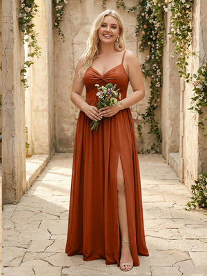 Spaghetti Straps Chiffon Sweetheart Bridesmaid Dresses with Slit