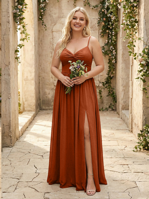Spaghetti Straps Chiffon Sweetheart Bridesmaid Dresses with Slit