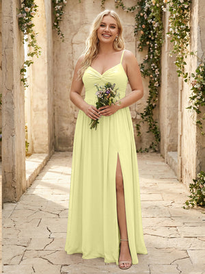 Spaghetti Straps Chiffon Sweetheart Bridesmaid Dresses with Slit