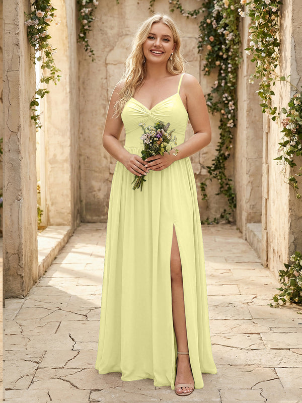 Spaghetti Straps Chiffon Sweetheart Bridesmaid Dresses with Slit