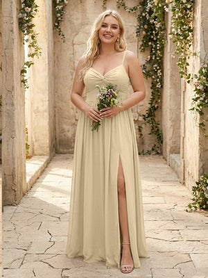 Spaghetti Straps Chiffon Sweetheart Bridesmaid Dresses with Slit