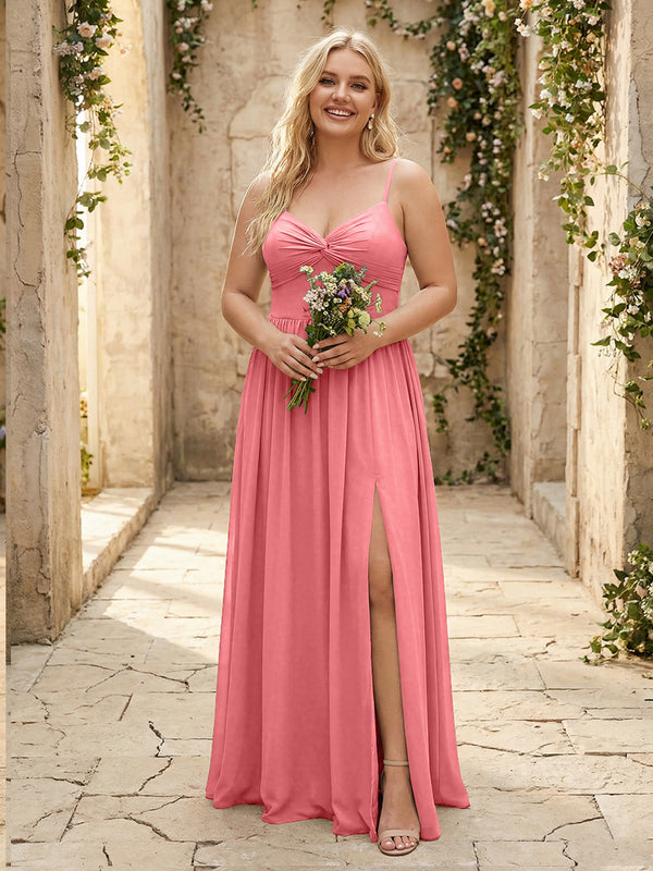 Spaghetti Straps Chiffon Sweetheart Bridesmaid Dresses with Slit
