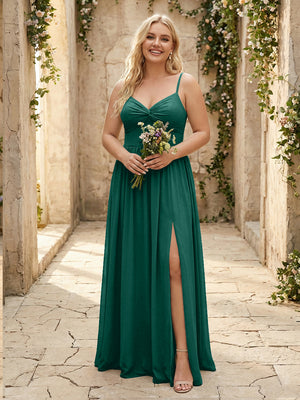 Spaghetti Straps Chiffon Sweetheart Bridesmaid Dresses with Slit