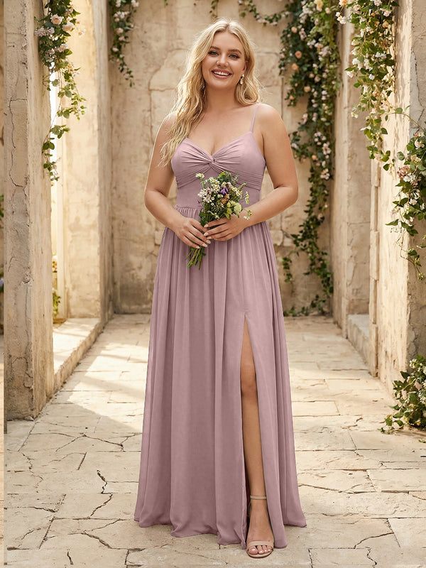 Spaghetti Straps Chiffon Sweetheart Bridesmaid Dresses with Slit