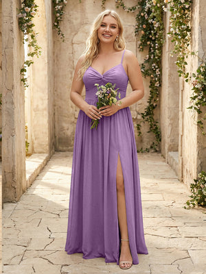 Spaghetti Straps Chiffon Sweetheart Bridesmaid Dresses with Slit