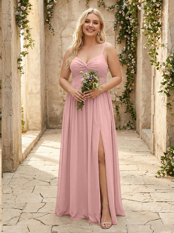 Spaghetti Straps Chiffon Sweetheart Bridesmaid Dresses with Slit