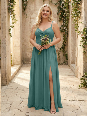 Spaghetti Straps Chiffon Sweetheart Bridesmaid Dresses with Slit