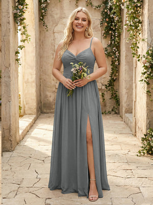 Spaghetti Straps Chiffon Sweetheart Bridesmaid Dresses with Slit