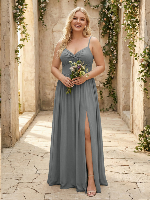 Spaghetti Straps Chiffon Sweetheart Bridesmaid Dresses with Slit
