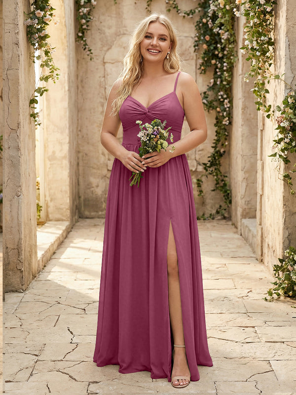 Spaghetti Straps Chiffon Sweetheart Bridesmaid Dresses with Slit