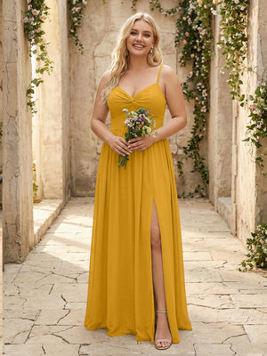 Spaghetti Straps Chiffon Sweetheart Bridesmaid Dresses with Slit