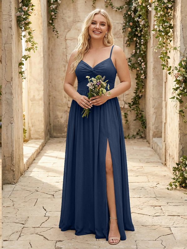 Spaghetti Straps Chiffon Sweetheart Bridesmaid Dresses with Slit