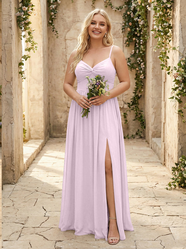 Spaghetti Straps Chiffon Sweetheart Bridesmaid Dresses with Slit