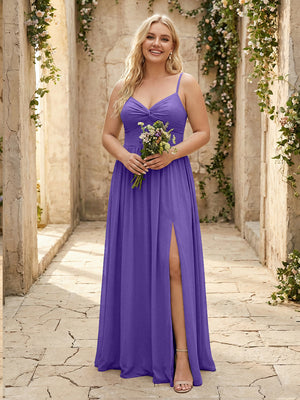 Spaghetti Straps Chiffon Sweetheart Bridesmaid Dresses with Slit
