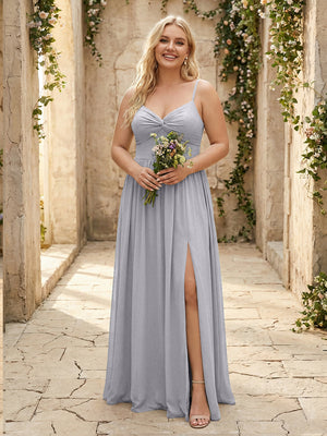 Spaghetti Straps Chiffon Sweetheart Bridesmaid Dresses with Slit