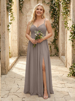 Spaghetti Straps Chiffon Sweetheart Bridesmaid Dresses with Slit