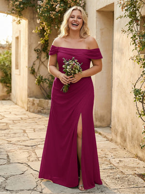 Off the Shoulder Chiffon Pleated Bridesmaid Dresses with Slit