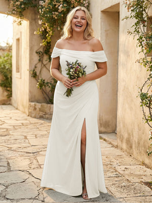 Off the Shoulder Chiffon Pleated Bridesmaid Dresses with Slit