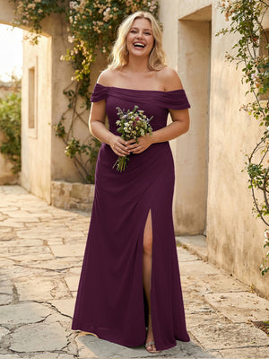 Off the Shoulder Chiffon Pleated Bridesmaid Dresses with Slit