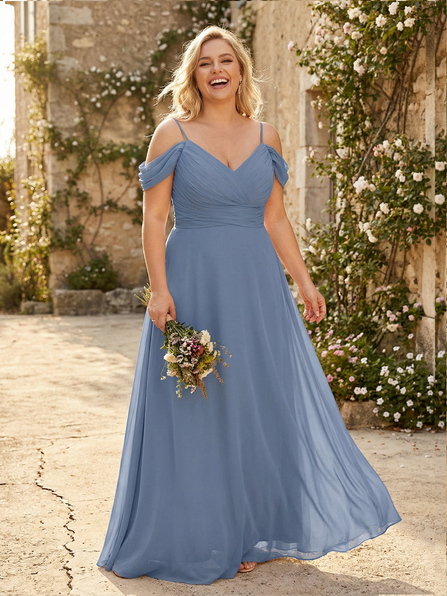 Spaghetti Straps Chiffon Pleated  Off the Shoulder Bridesmaid Dresses
