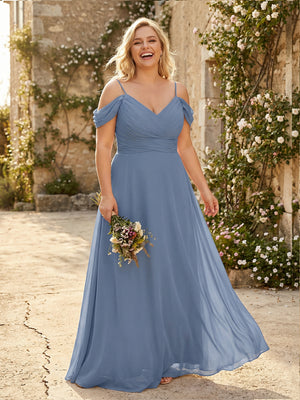 Spaghetti Straps Chiffon Pleated  Off the Shoulder Bridesmaid Dresses