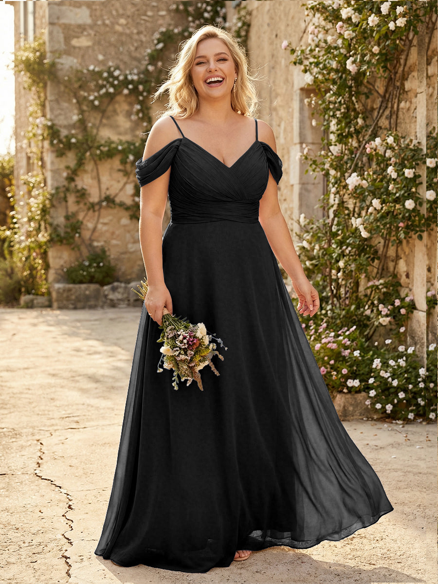 Spaghetti Straps Chiffon Pleated  Off the Shoulder Bridesmaid Dresses