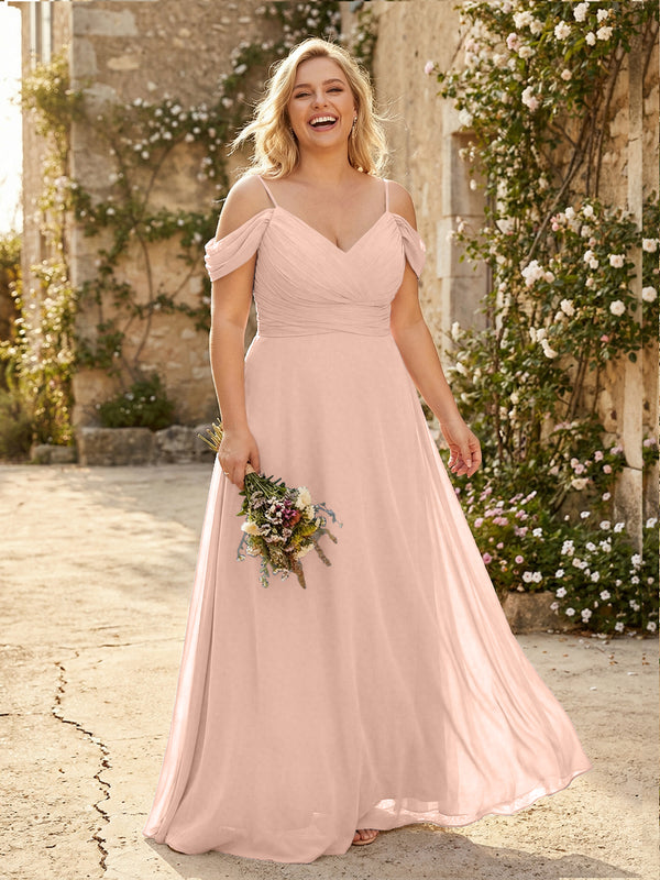 Spaghetti Straps Chiffon Pleated  Off the Shoulder Bridesmaid Dresses