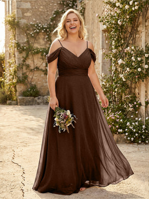 Spaghetti Straps Chiffon Pleated  Off the Shoulder Bridesmaid Dresses