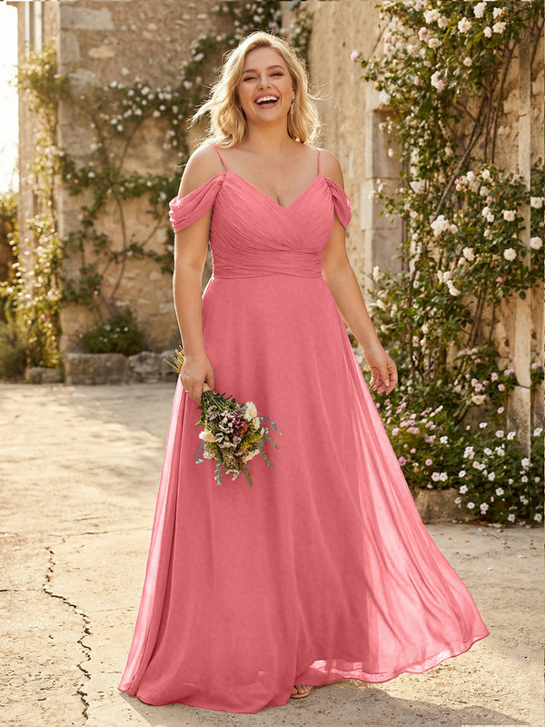 Spaghetti Straps Chiffon Pleated  Off the Shoulder Bridesmaid Dresses