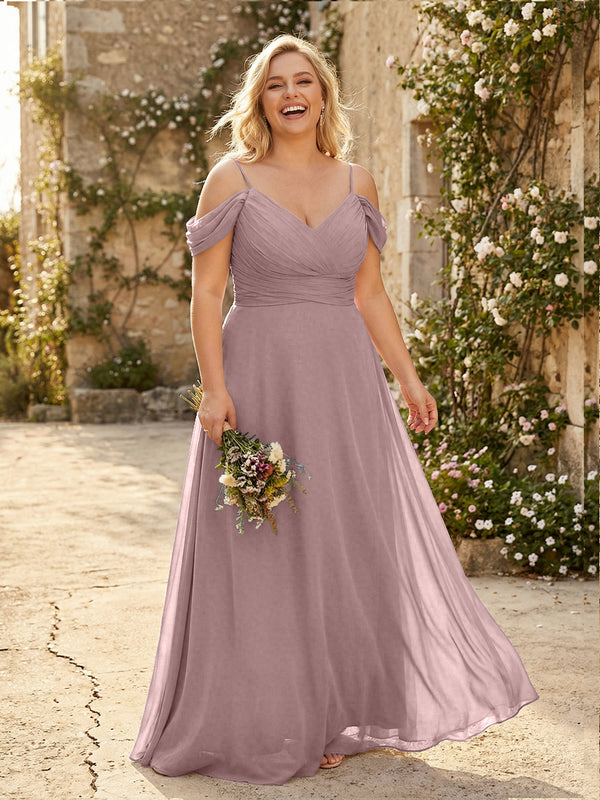 Spaghetti Straps Chiffon Pleated  Off the Shoulder Bridesmaid Dresses