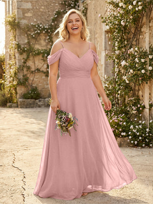 Spaghetti Straps Chiffon Pleated  Off the Shoulder Bridesmaid Dresses