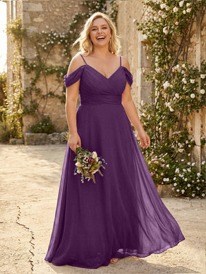 Spaghetti Straps Chiffon Pleated  Off the Shoulder Bridesmaid Dresses