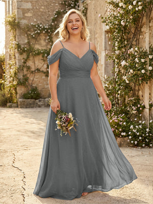 Spaghetti Straps Chiffon Pleated  Off the Shoulder Bridesmaid Dresses