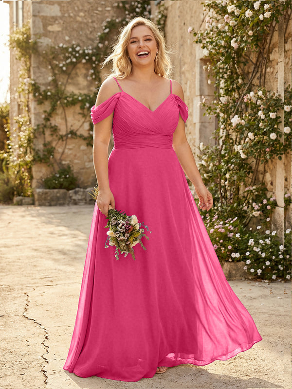 Spaghetti Straps Chiffon Pleated  Off the Shoulder Bridesmaid Dresses