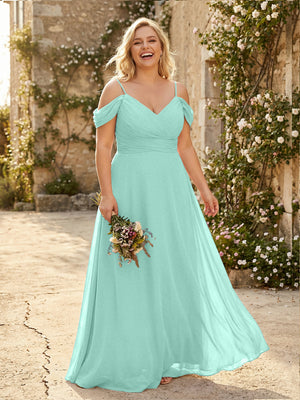 Spaghetti Straps Chiffon Pleated  Off the Shoulder Bridesmaid Dresses