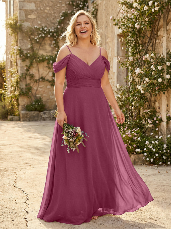 Spaghetti Straps Chiffon Pleated  Off the Shoulder Bridesmaid Dresses
