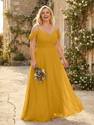 Spaghetti Straps Chiffon Pleated  Off the Shoulder Bridesmaid Dresses