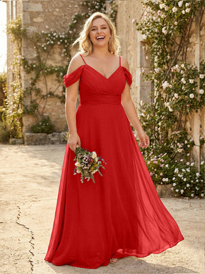 Spaghetti Straps Chiffon Pleated  Off the Shoulder Bridesmaid Dresses
